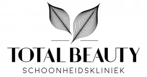 Logo van TOTAL BEAUTY SCHOONHEIDSKLINIEK met gestileerde bladeren en moderne typografie.